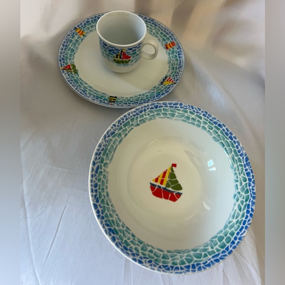 Child Sailboat Lighthouse Dinnerware Set Plate Bowl Mug Blue Nautical Mosaic Rim - Picture 13 of 14